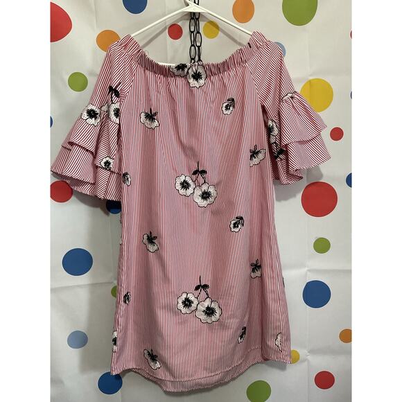 NWOT Ces Femme Size S Off The Shoulder Dress Pinstriped Floral - Picture 10 of 16